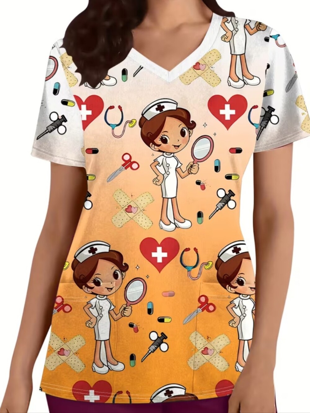 Nurse Print V-Neck Tunic Top - White & Peach